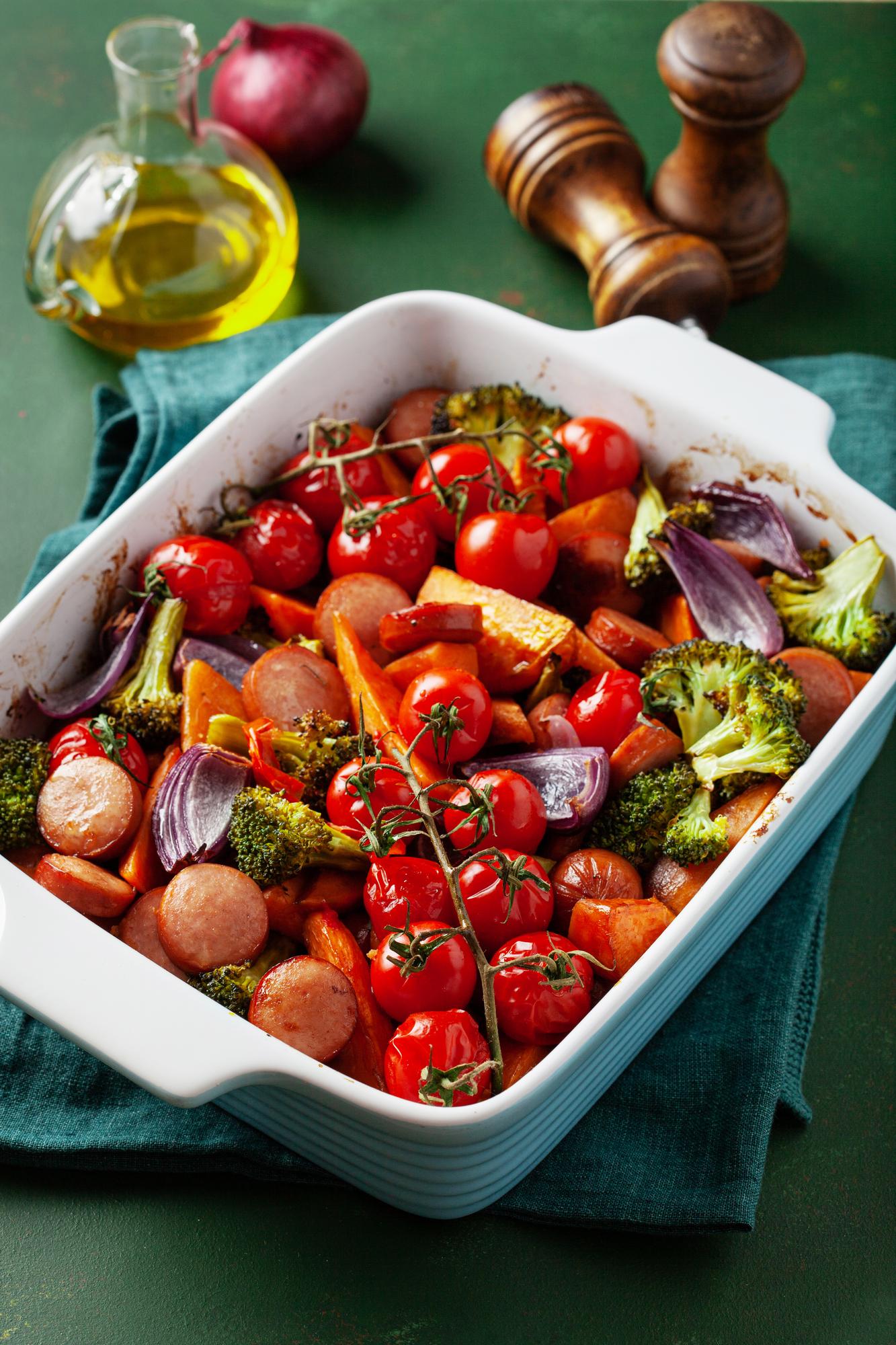 Close-up roasted vegetables in ceramic dish